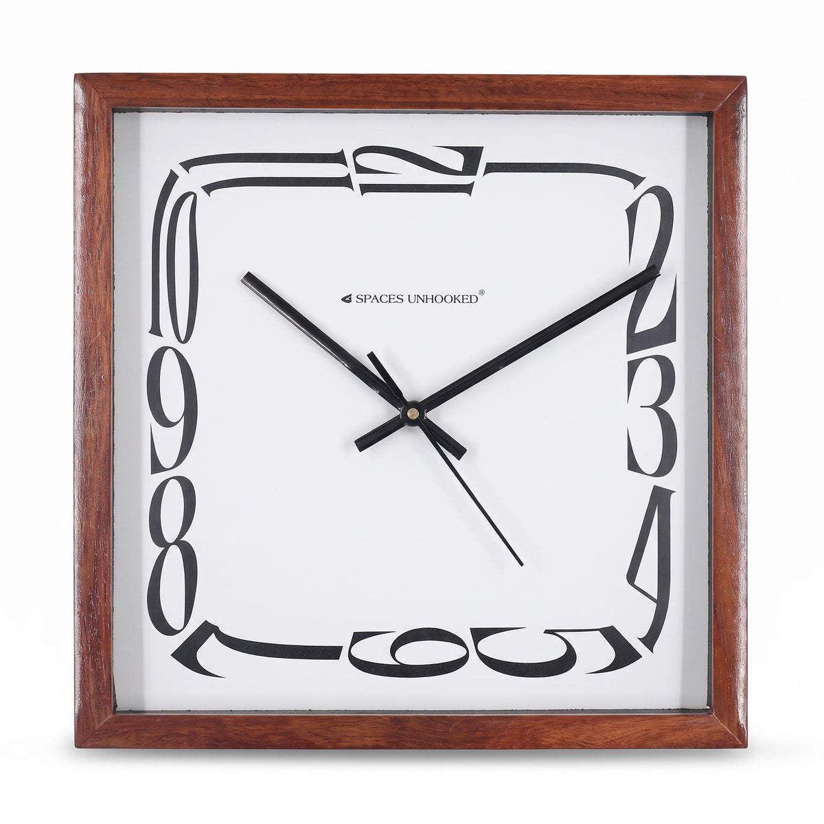 Spaces Unhooked Square Wooden Wall Clock, Warped Numerals, Brown Frame