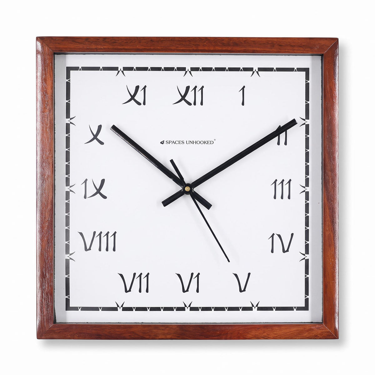 Spaces Unhooked Square Wooden Wall Clock, Quirky Roman Numerals