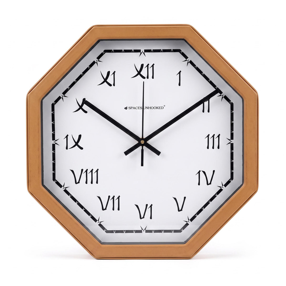 Terracotta octagonal wall clock in a boho living room with cane, jute and plants