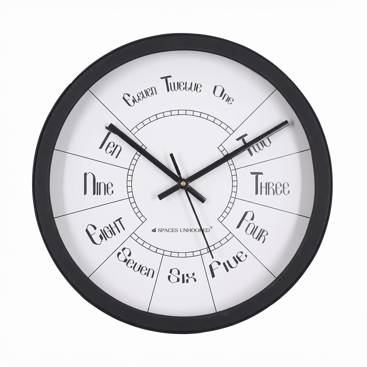Spaces Unhooked Round Wall Clock, Number Words Dial, Black Frame