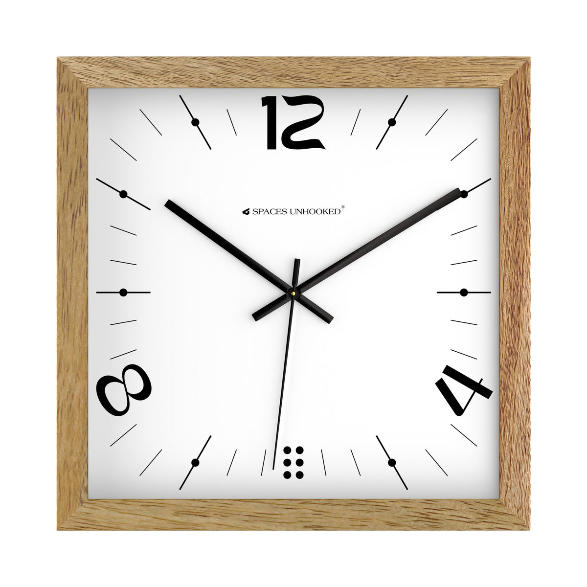 Light oak square wooden wall clock above a desk in a bright Scandinavian home office