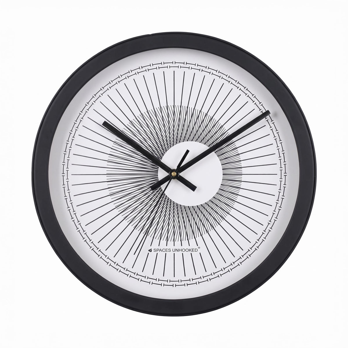 Spaces Unhooked Round Wall Clock, Sunburst Line Art Dial, Black Frame
