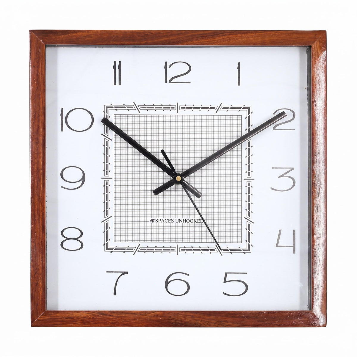 Square grid dial wall clock styled with geometric rug and cushions in a modern living room