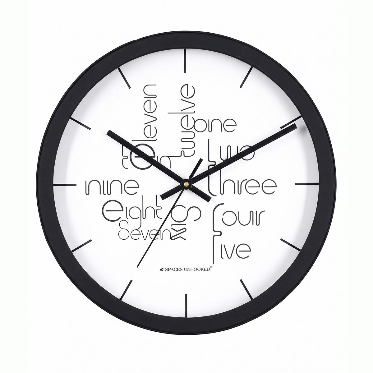 Spaces Unhooked Round Wall Clock, Typography Number Words, Black Frame