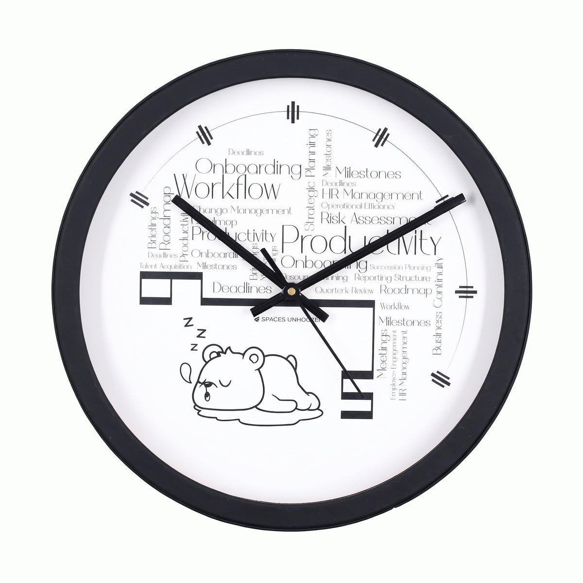 Spaces Unhooked Office Wall Clock, Word Cloud, Sleepy Bear