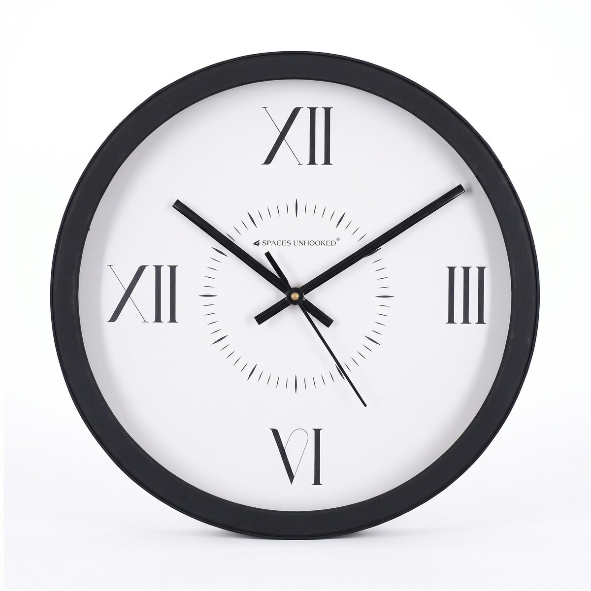 Spaces Unhooked Round Wall Clock, Roman Numerals at 12 3 6 9, Black