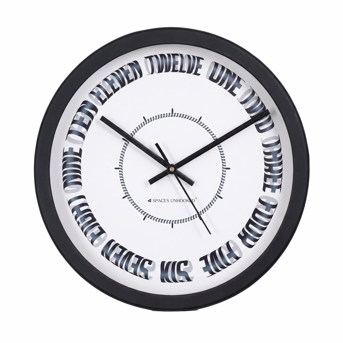 Spaces Unhooked Round Wall Clock, Curved Number Words, Black Frame