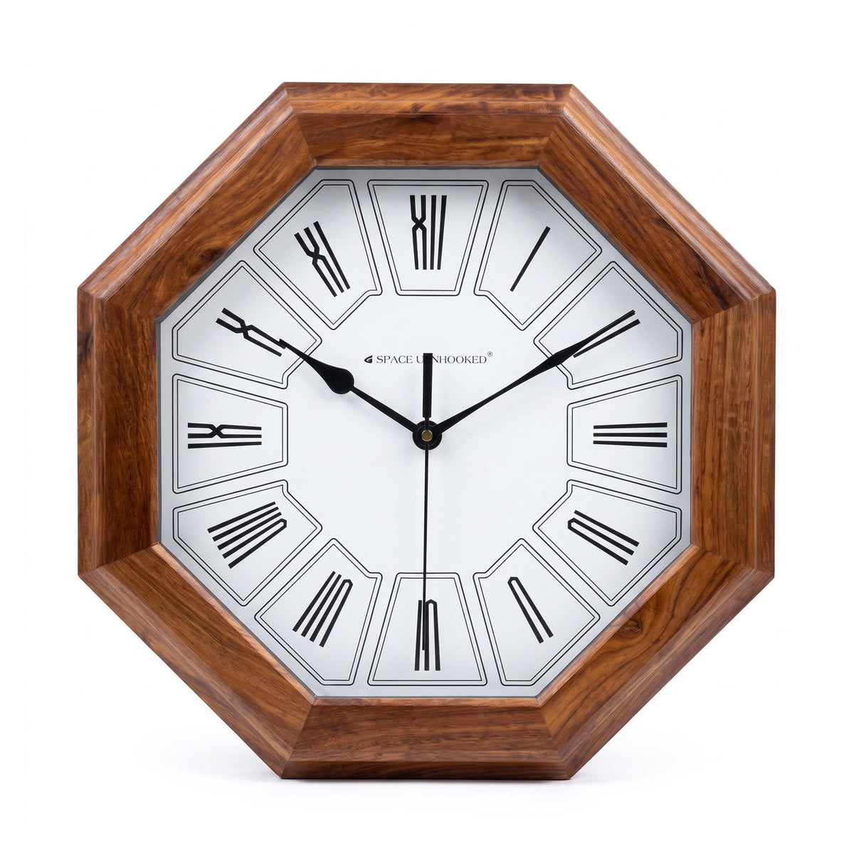 Roman cell octagon wall clock on a dining room wall above a sideboard