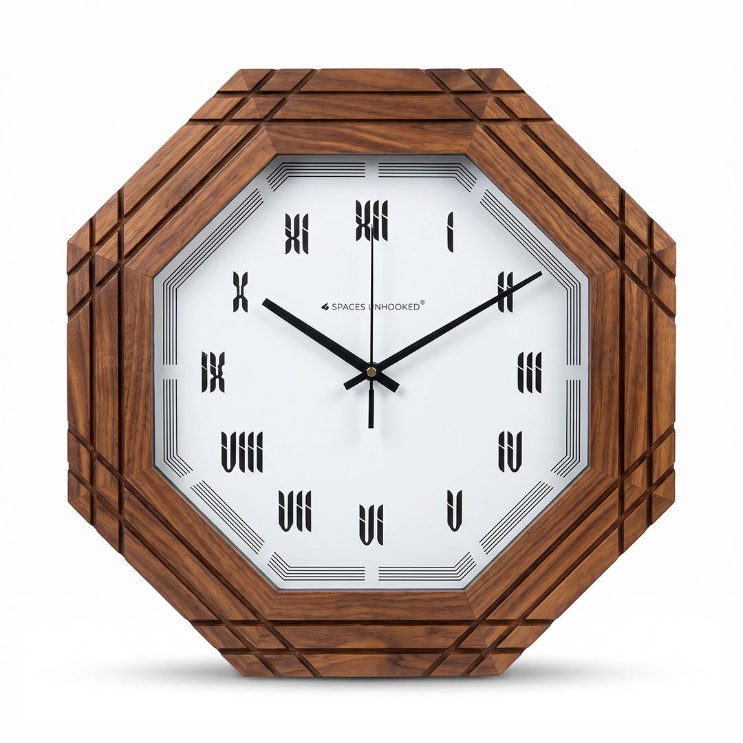 Carved wooden roman wall clock on a study wall above a bookshelf