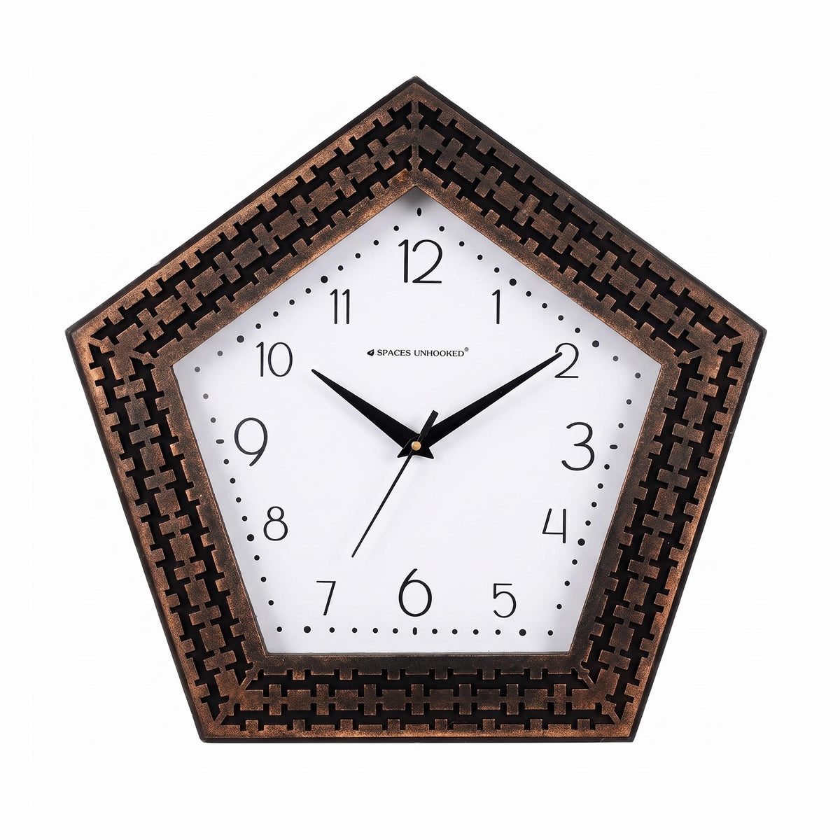 Pentagon copper weave wall clock on a living room wall above a sofa