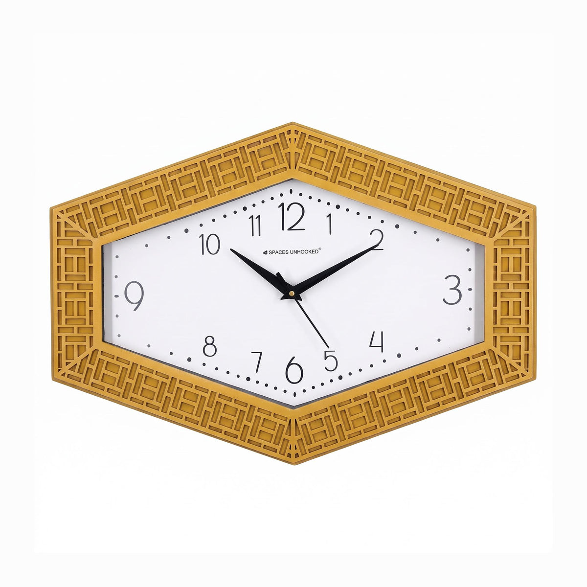 Spaces Unhooked Hexagonal Wall Clock, Mustard Gold Lattice Frame