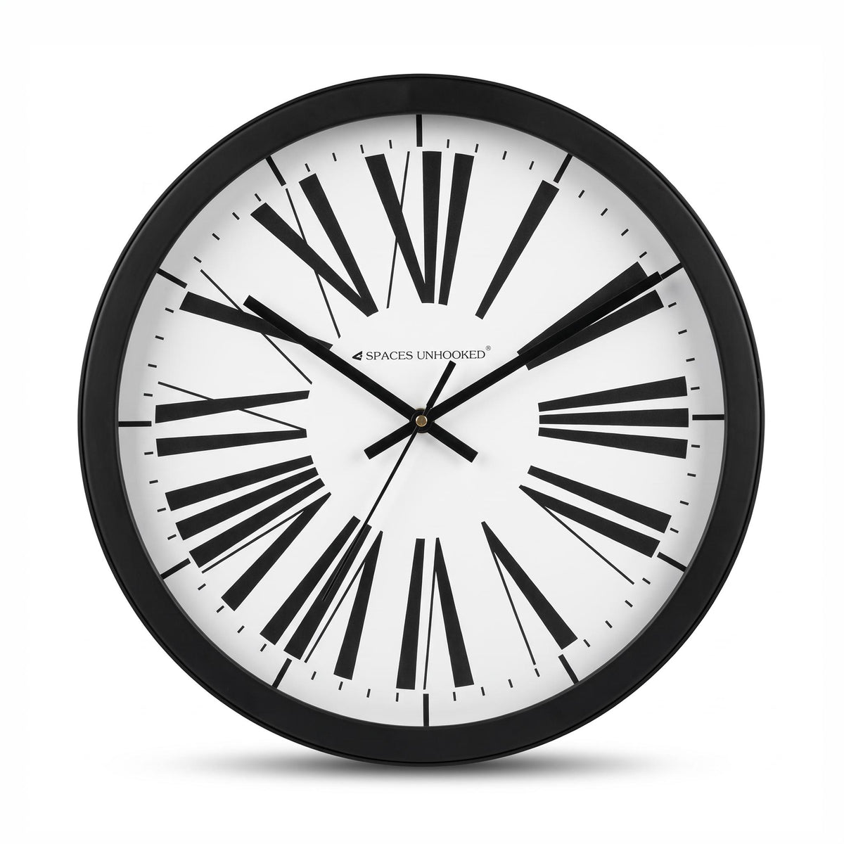 Spaces Unhooked Round Wall Clock, Tapered Roman Numerals, Black Frame