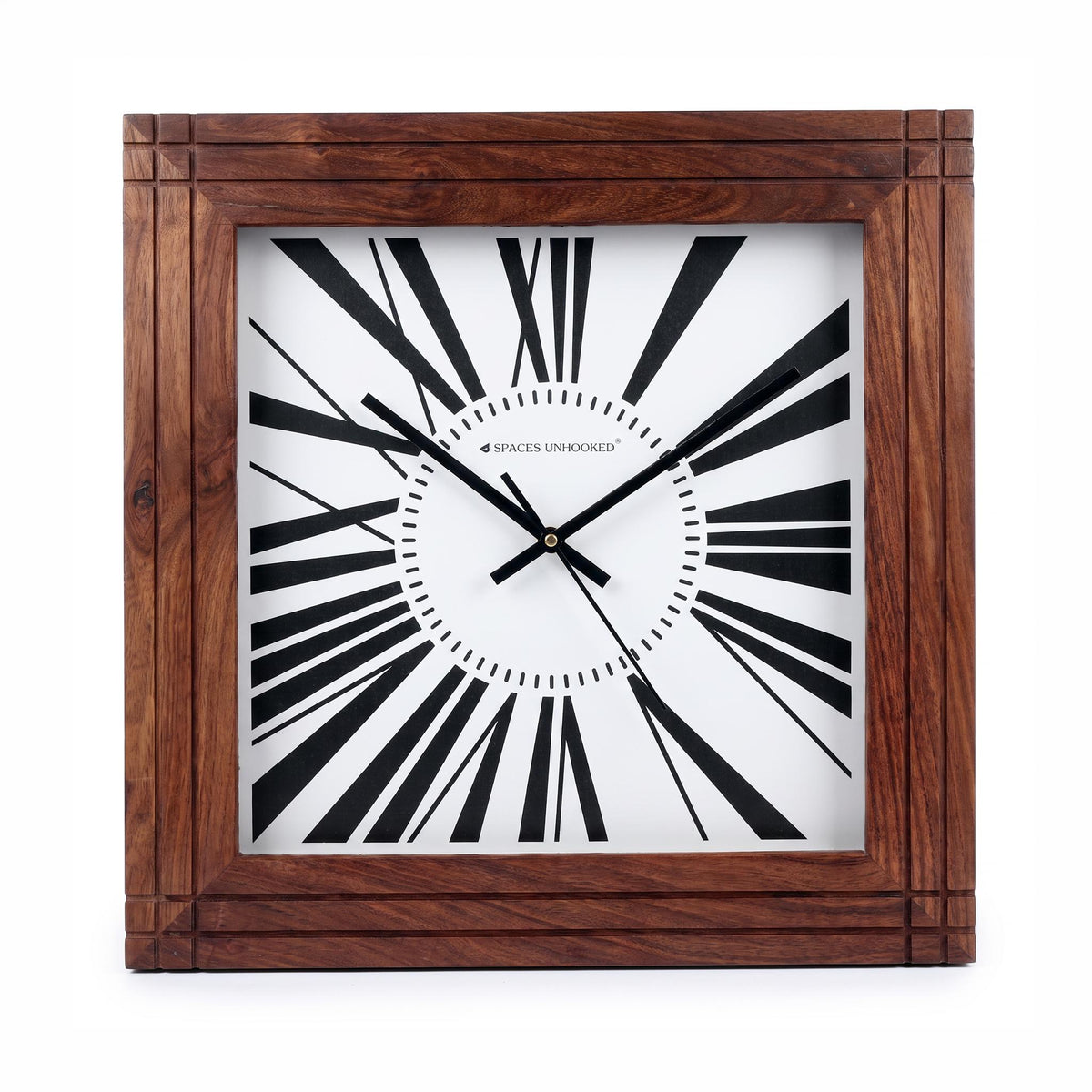 Spaces Unhooked Square Wooden Wall Clock, Grooved Roman Numerals