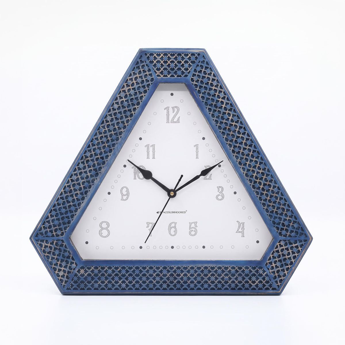 Spaces Unhooked Triangular Wall Clock, Blue Lattice Frame, White Dial