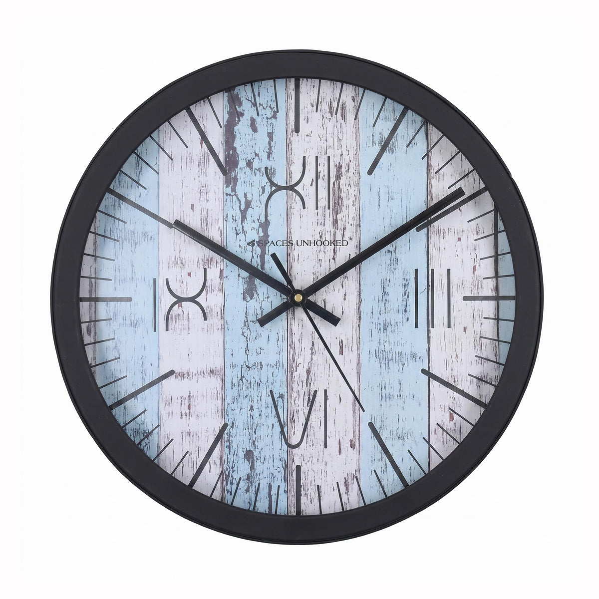 Spaces Unhooked Blue Distressed Plank Round Wall Clock