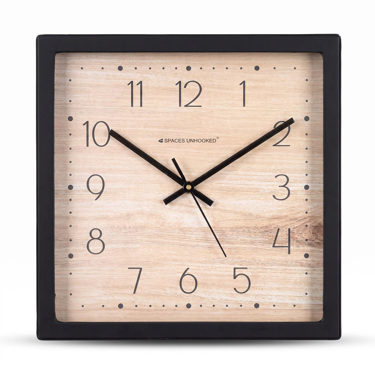 Spaces Unhooked Square Wall Clock, Light Wood Grain Dial, Black Frame