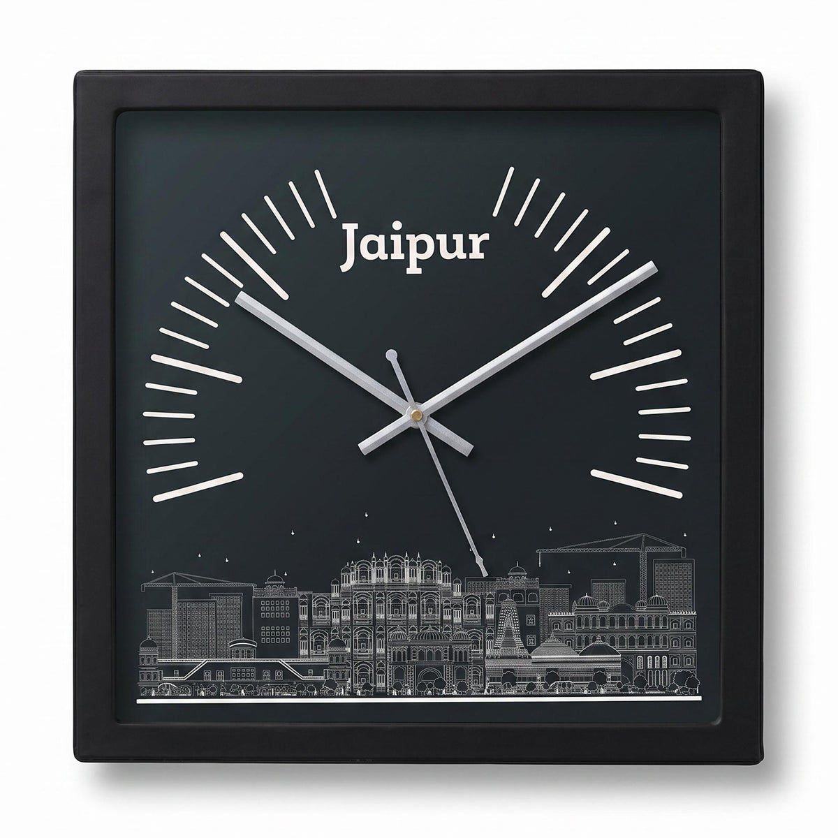 Jaipur skyline wall clock on a home office wall above a desk