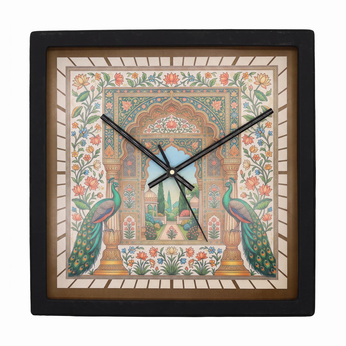 Peacock garden art wall clock on a living room wall above a console