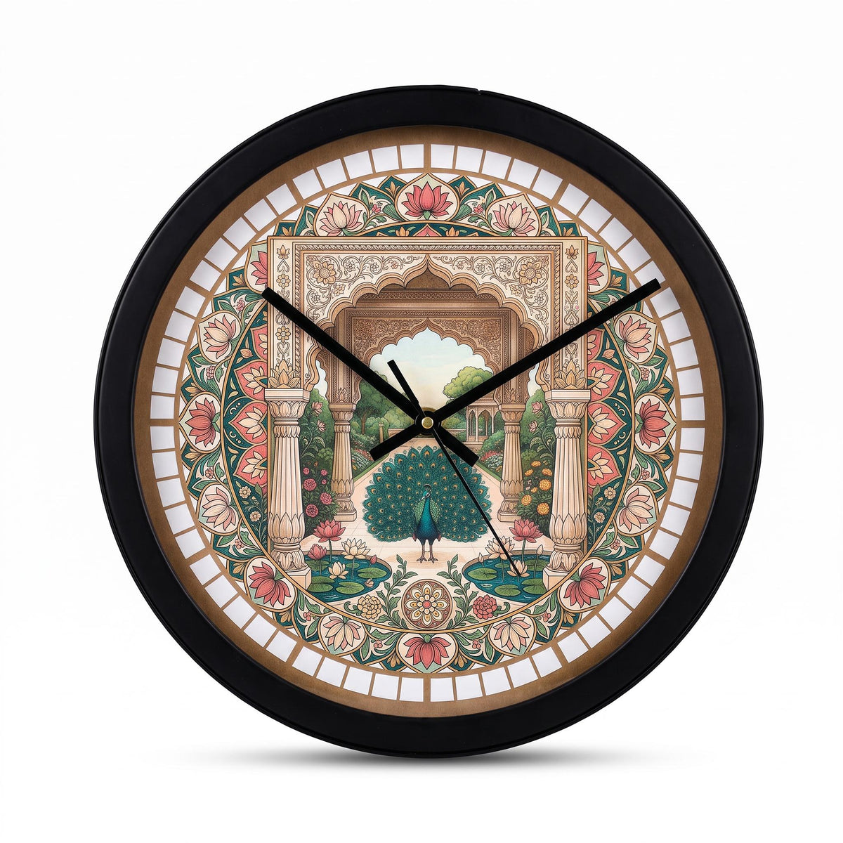Spaces Unhooked Peacock Indian Art Round Wall Clock, Floral