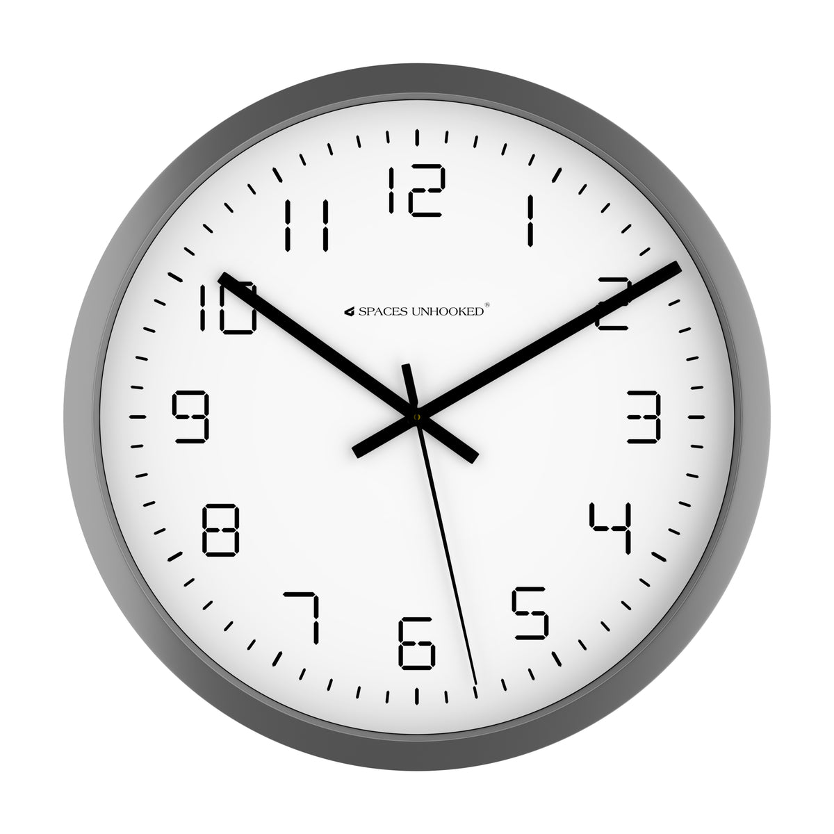 Wall clock with black frame and white face on a white background