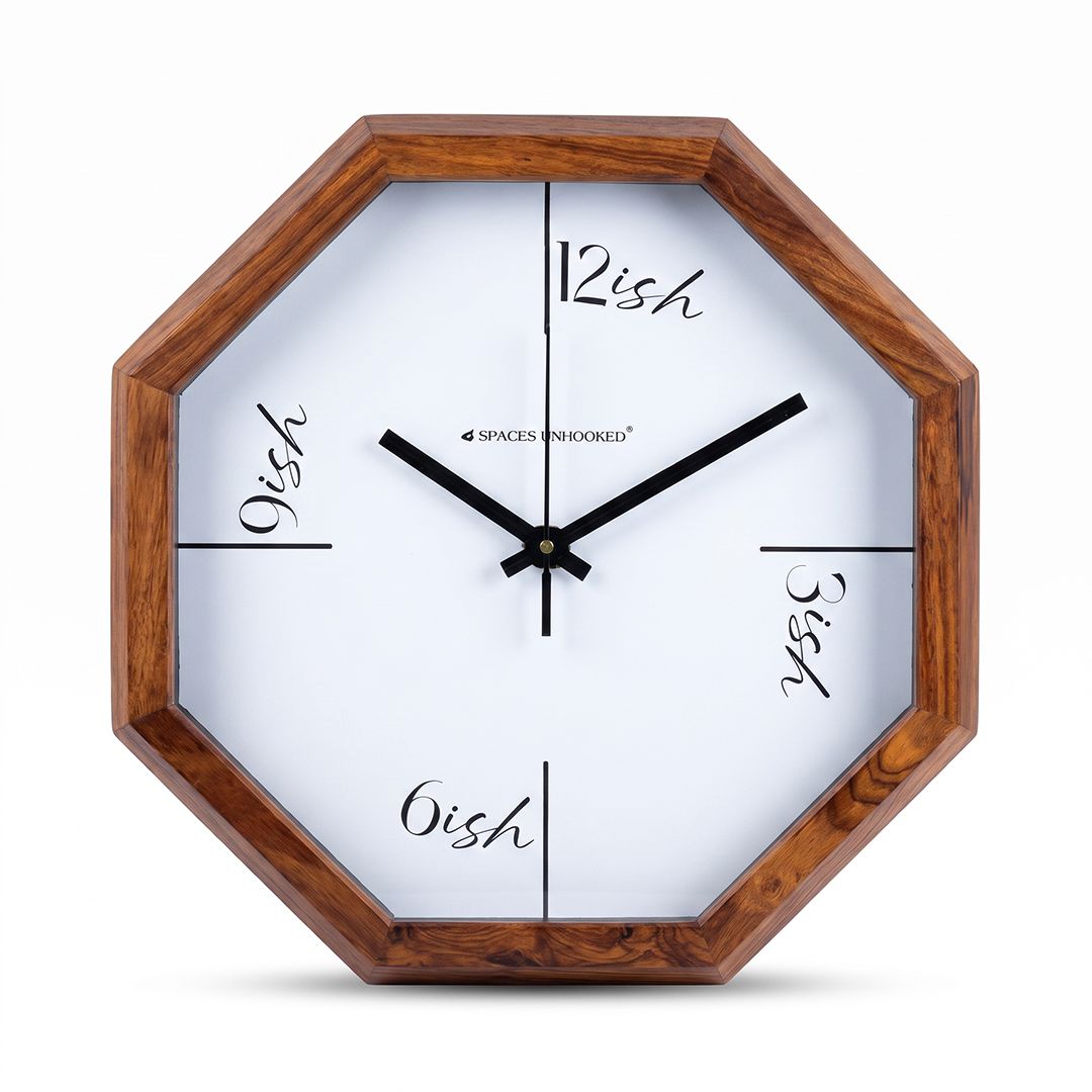 Wooden Wall Clock Brown Octagon Quirky Silent for Living Room & Gifting