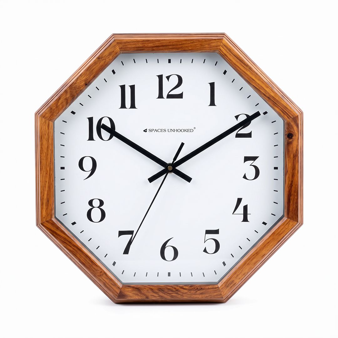 Wooden Wall Clock Octagon Brown Analog Silent for Living Room & Hall