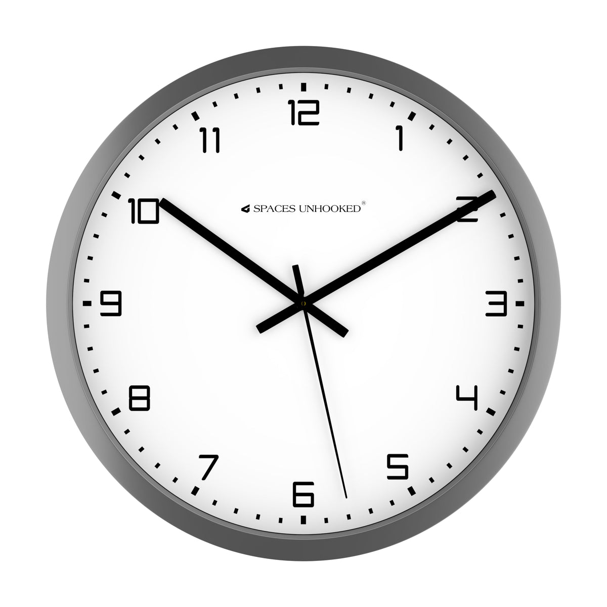Spaces Unhooked round wall clock silver frame white dial Arabic numerals – modern silent quartz clock for home office