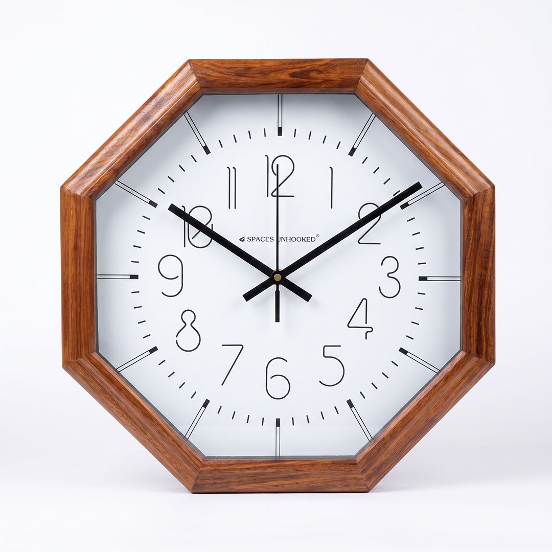 Wooden Wall Clock Brown Octagon Analog Silent for Living Room Hall Bedroom