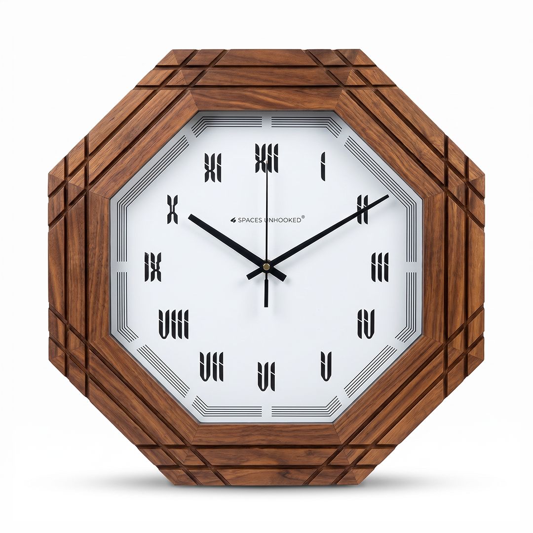 Wooden Wall Clock Octagonal Roman Numeral Walnut for Living Room