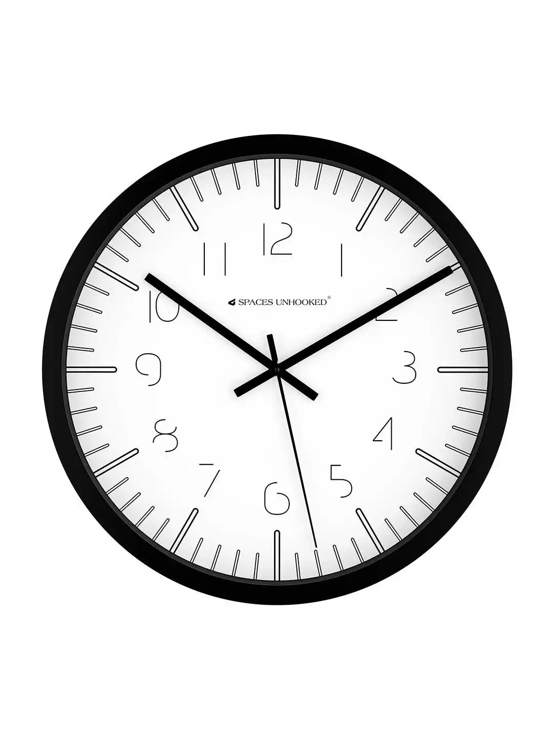 Dimensions of Spaces Unhooked 12 inch black wall clock showing 305 mm diameter and 40 mm depth