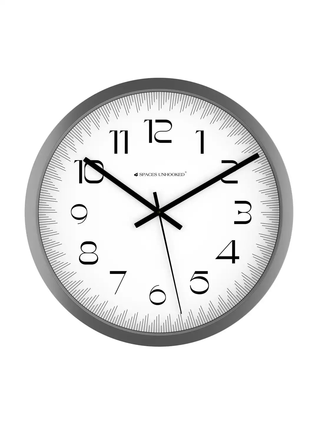 Front view of Spaces Unhooked grey minimalist wall clock with white dial on white background