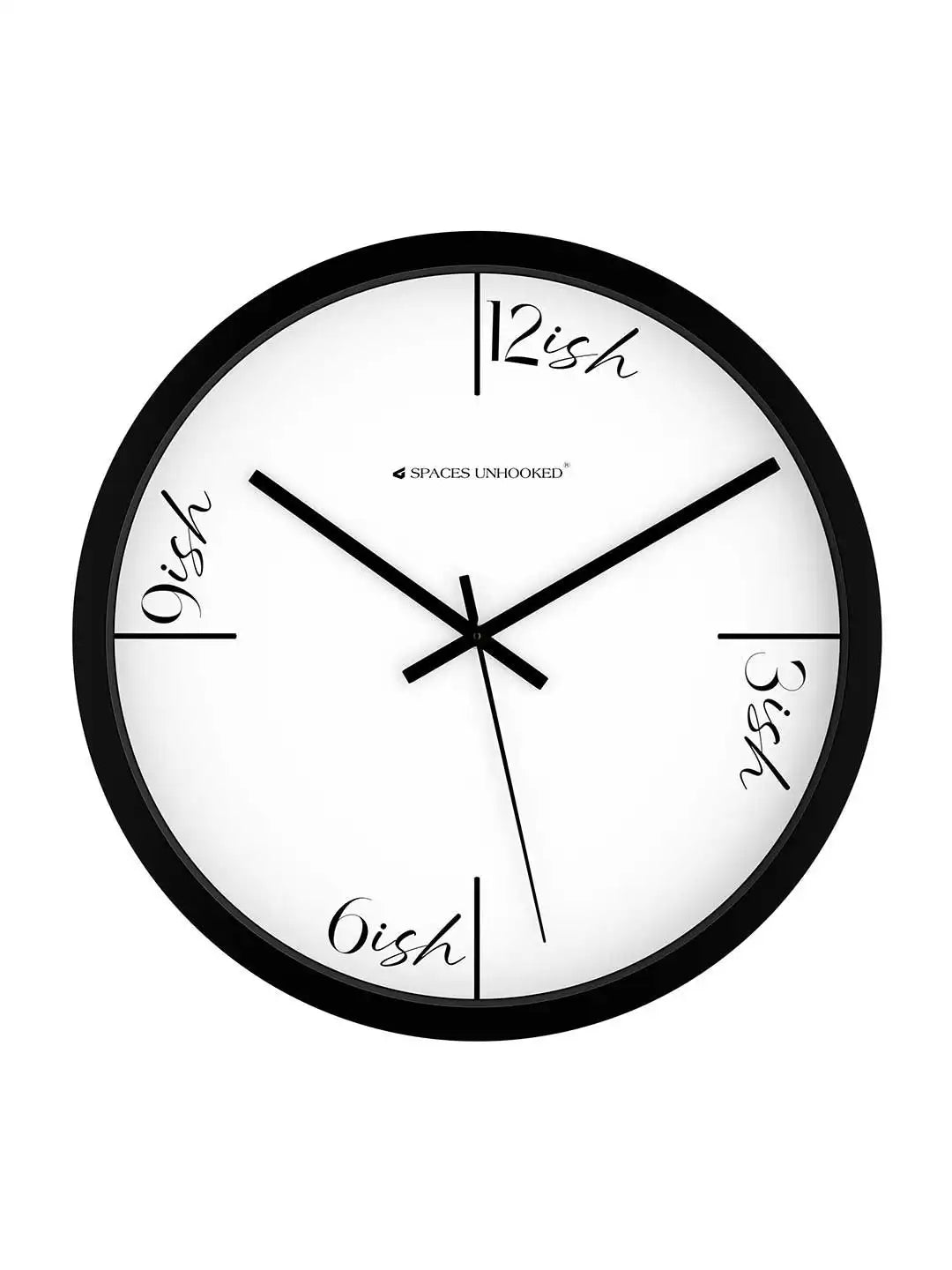 Front view of Spaces Unhooked black minimalist wall clock with white dial on white background