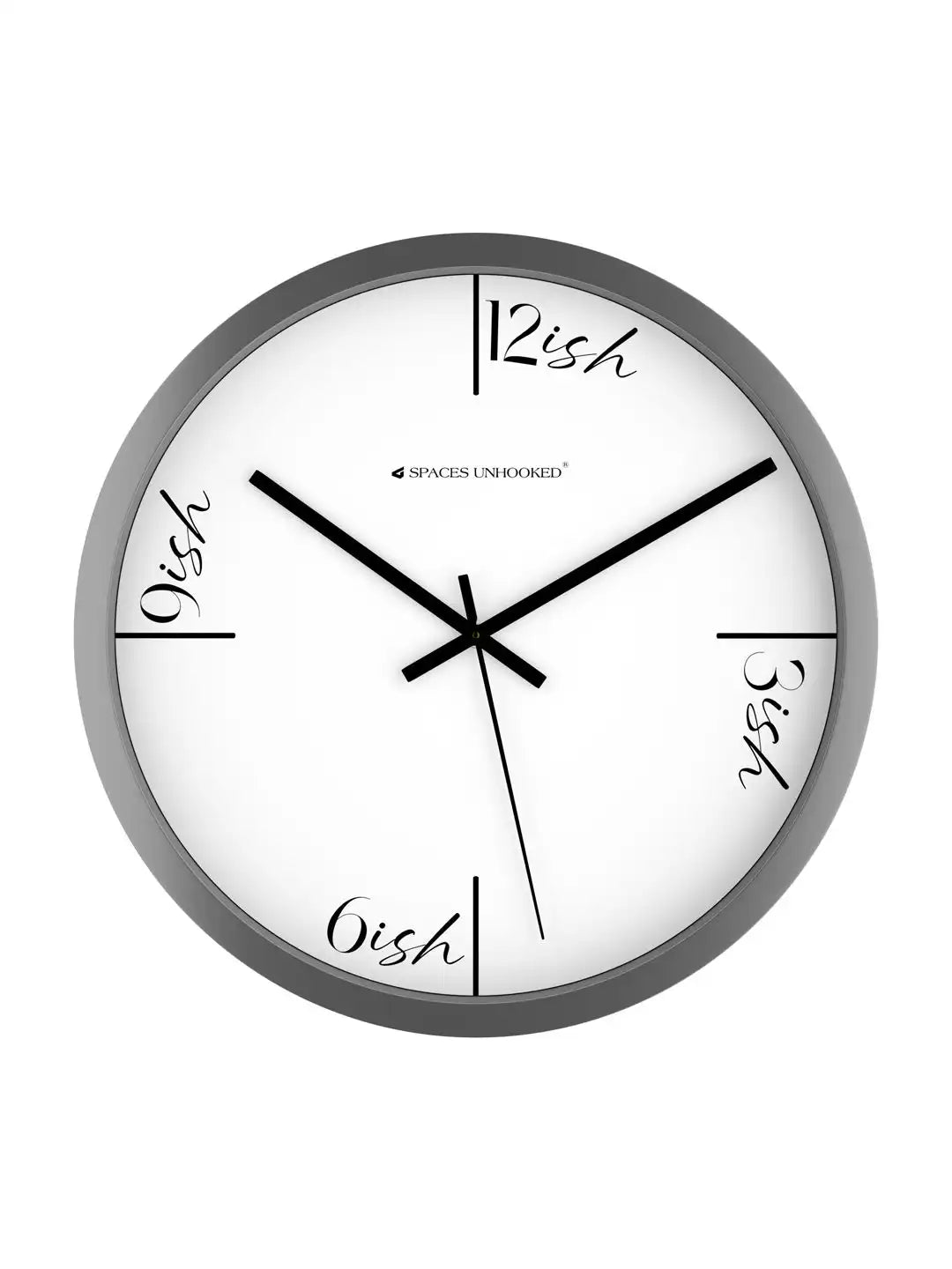 Front-facing view of grey-framed wall clock with white dial, "ish" hour labels, and Spaces Unhooked branding