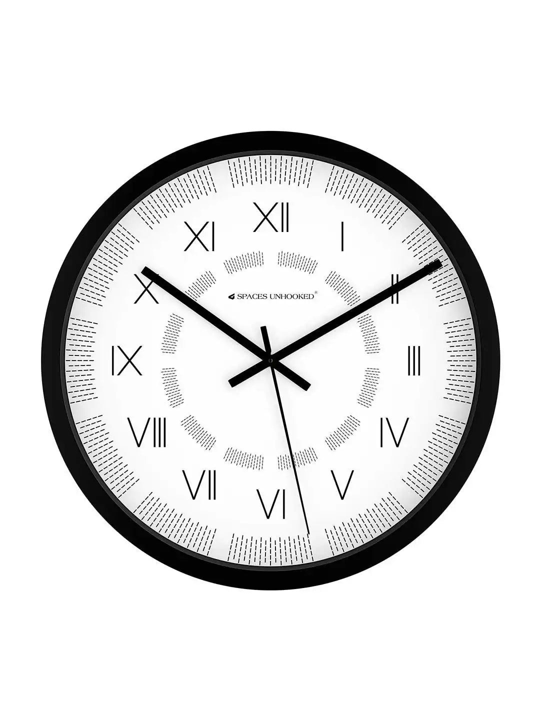 Front View of Black Designer Wall Clock – Silent Roman Numeral Dash Texture Dial Polycrafted Wall Clock Under 500