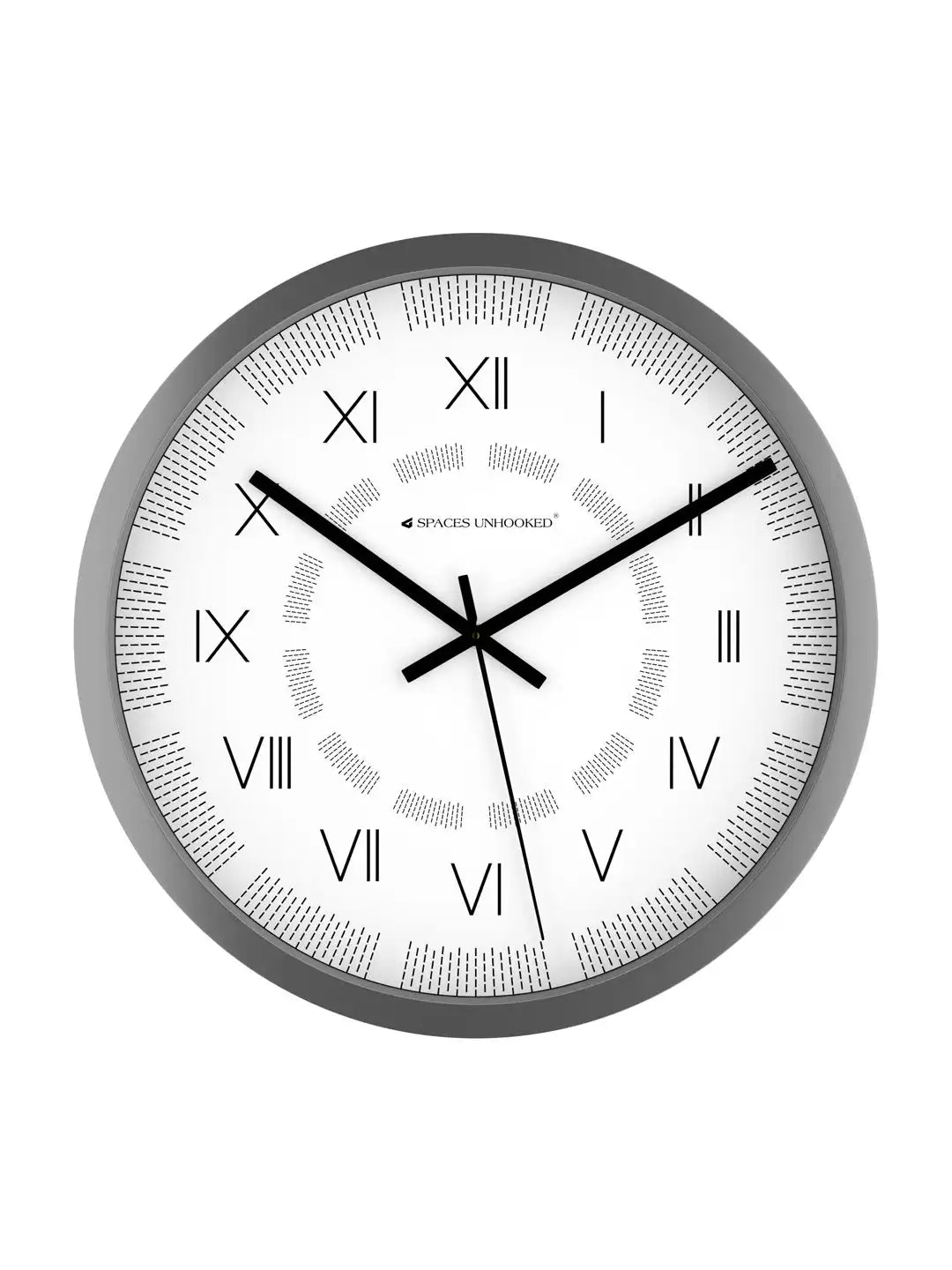 Front View of Grey Designer Wall Clock – Silent Roman Numeral Dash Texture Dial Polycrafted Wall Clock Under 500