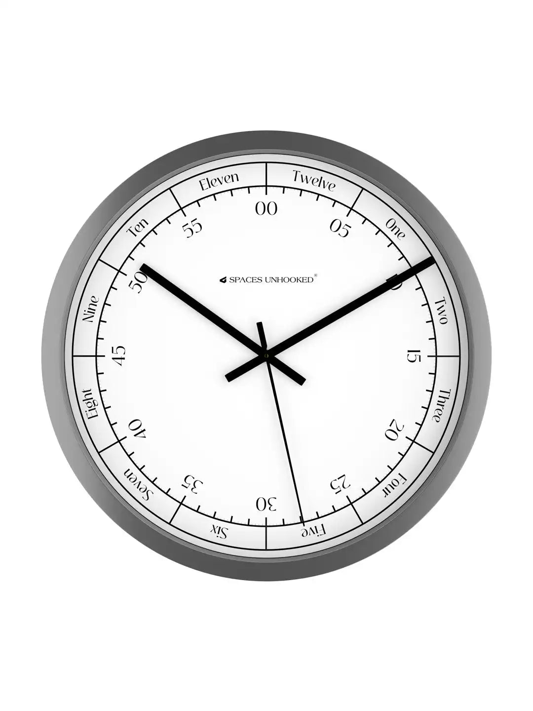 Front View of Grey Designer Wall Clock – Silent Word Hour Minute Dial Wall Clock Under 500