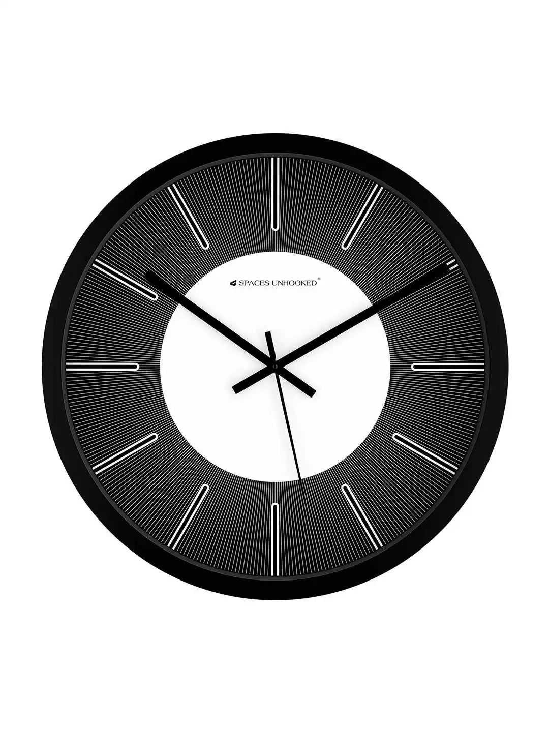 Front White – Front view of designer wall clock with black sunburst dial and white center