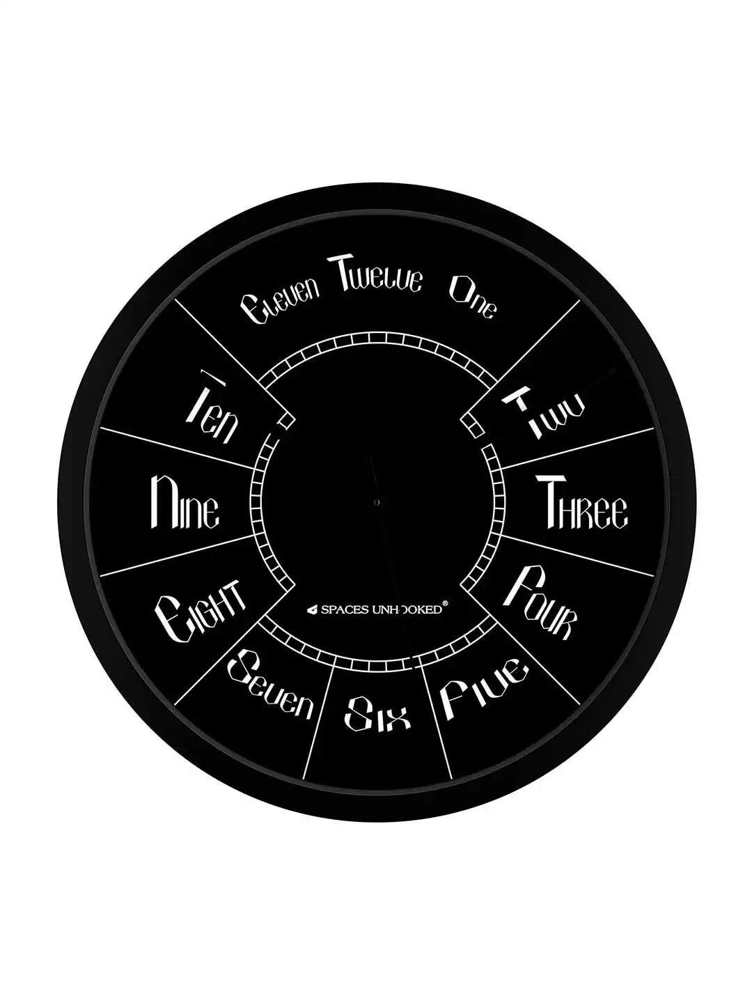 Front White – Front view of designer wall clock with word-style hour markers