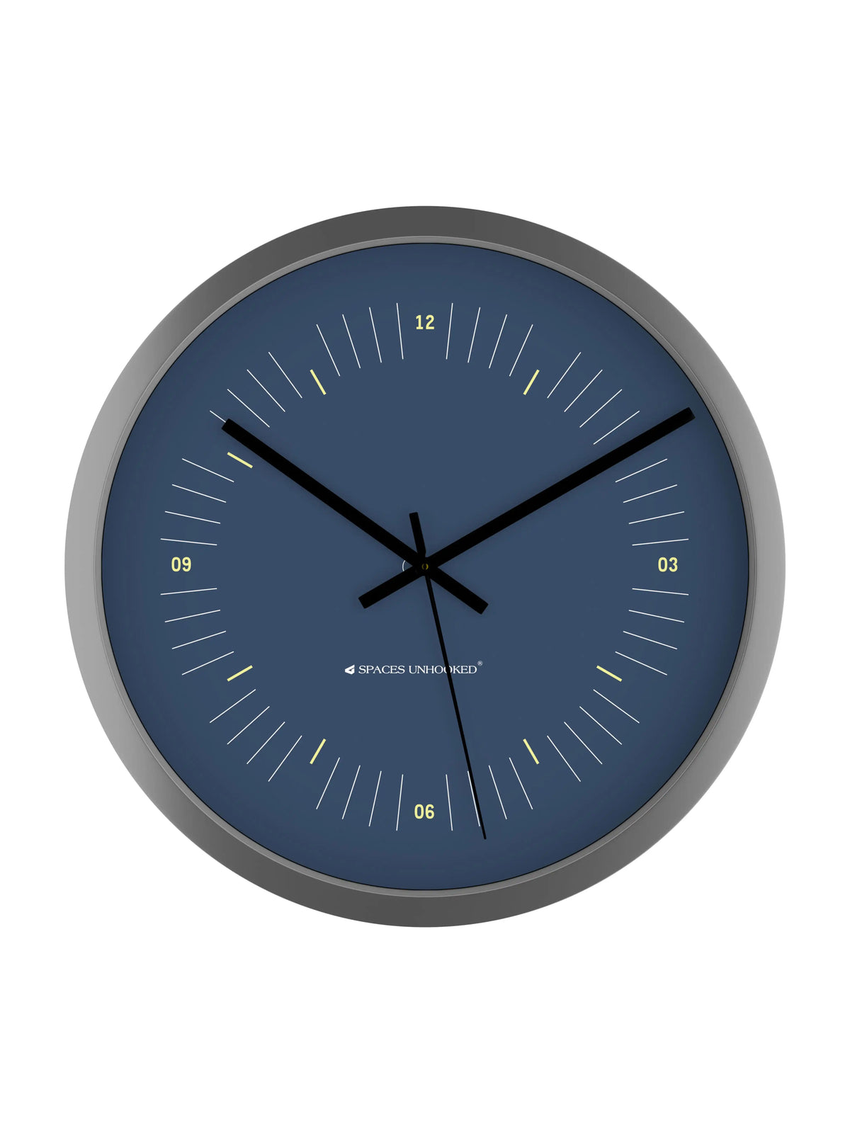 Front White – Front view of plastic wall clock with navy dial and minute markers