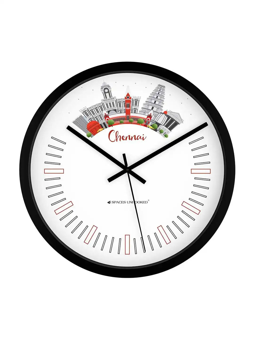 Front White – Front view of plastic wall clock with Chennai monuments skyline design