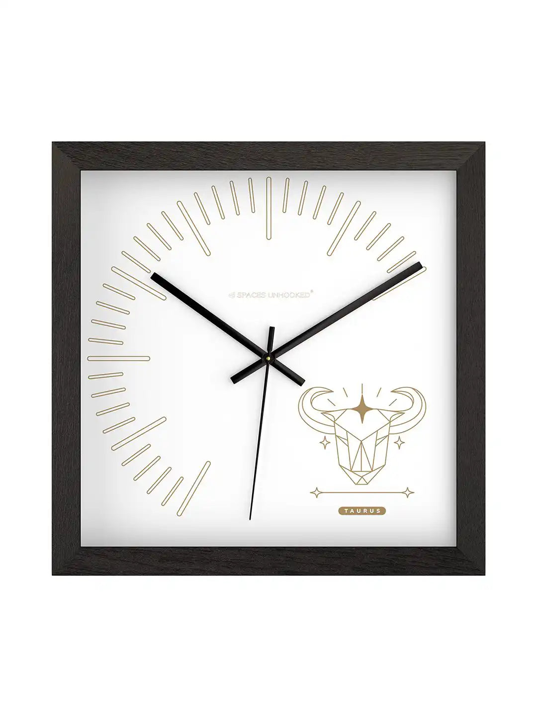 Taurus Zodiac Large Wood Wall Clock – Front View Dark Walnut Frame White Dial | Spaces Unhooked