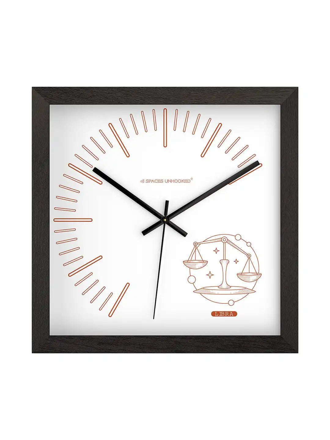 Spaces Unhooked Libra Zodiac Square Wooden Wall Clock with Dark Wood Frame and Copper Scales Dial - Modern Wood Wall Clock for Living Room