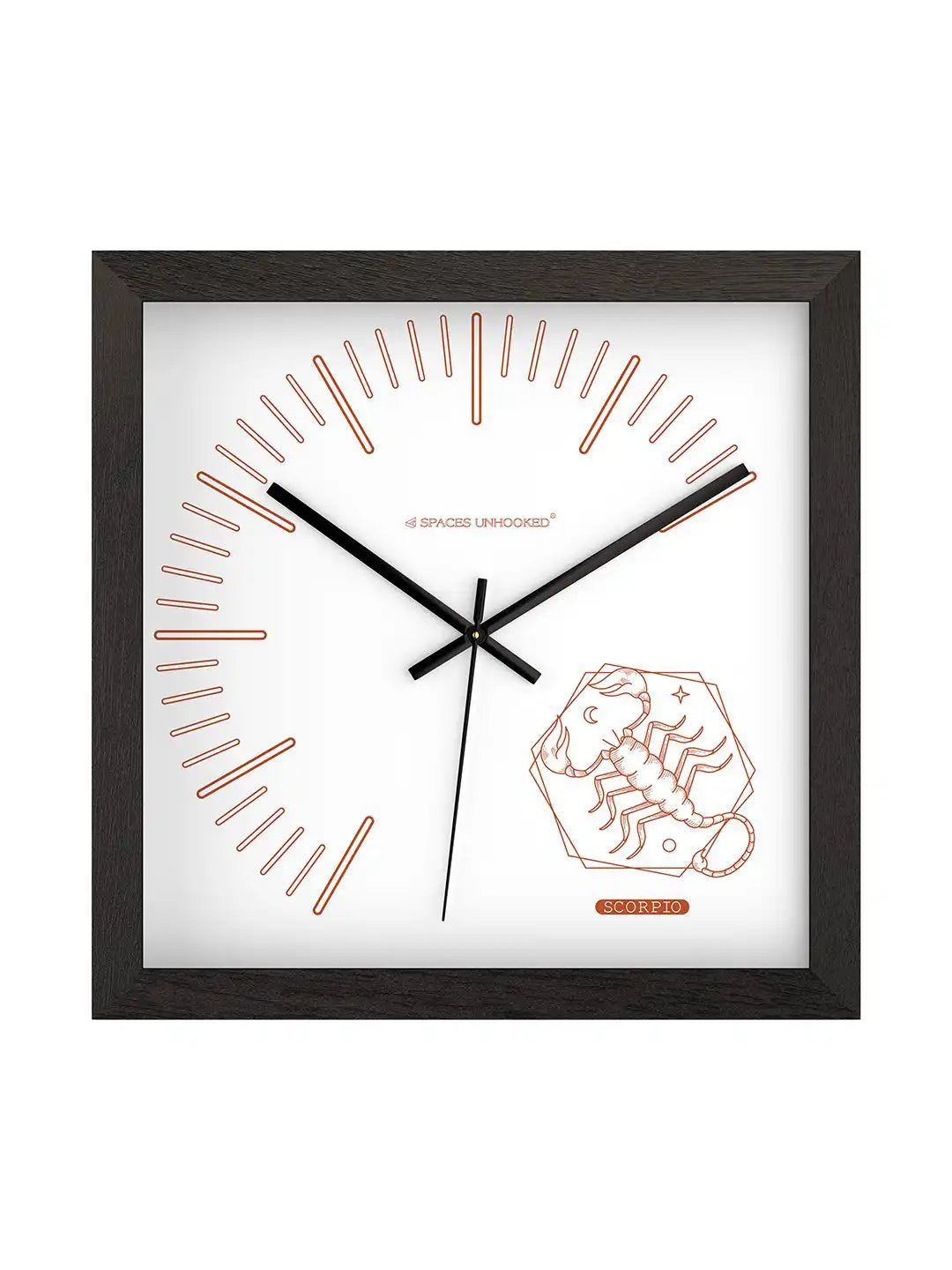 Spaces Unhooked Scorpio Zodiac Square Wooden Wall Clock with Dark Wood Frame and Copper Scorpion Dial - Modern Wood Wall Clock for Living Room