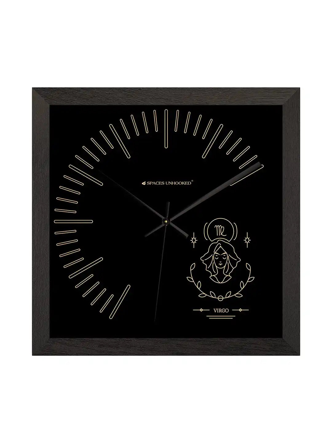 Virgo Zodiac Large Wood Wall Clock – Front View Dark Walnut Frame Black Dial | Spaces Unhooked