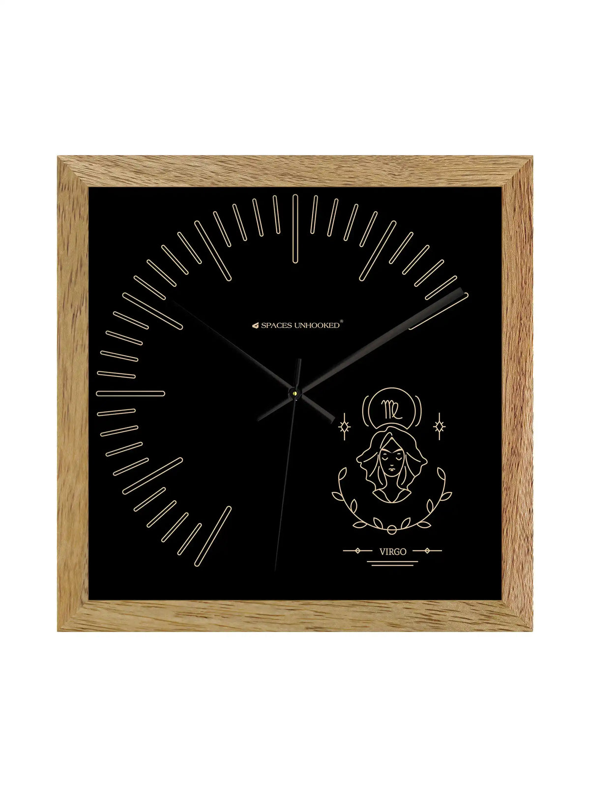 Front View Virgo Zodiac Sign Wall Clock with Black Dial and Elegant Line Art Design