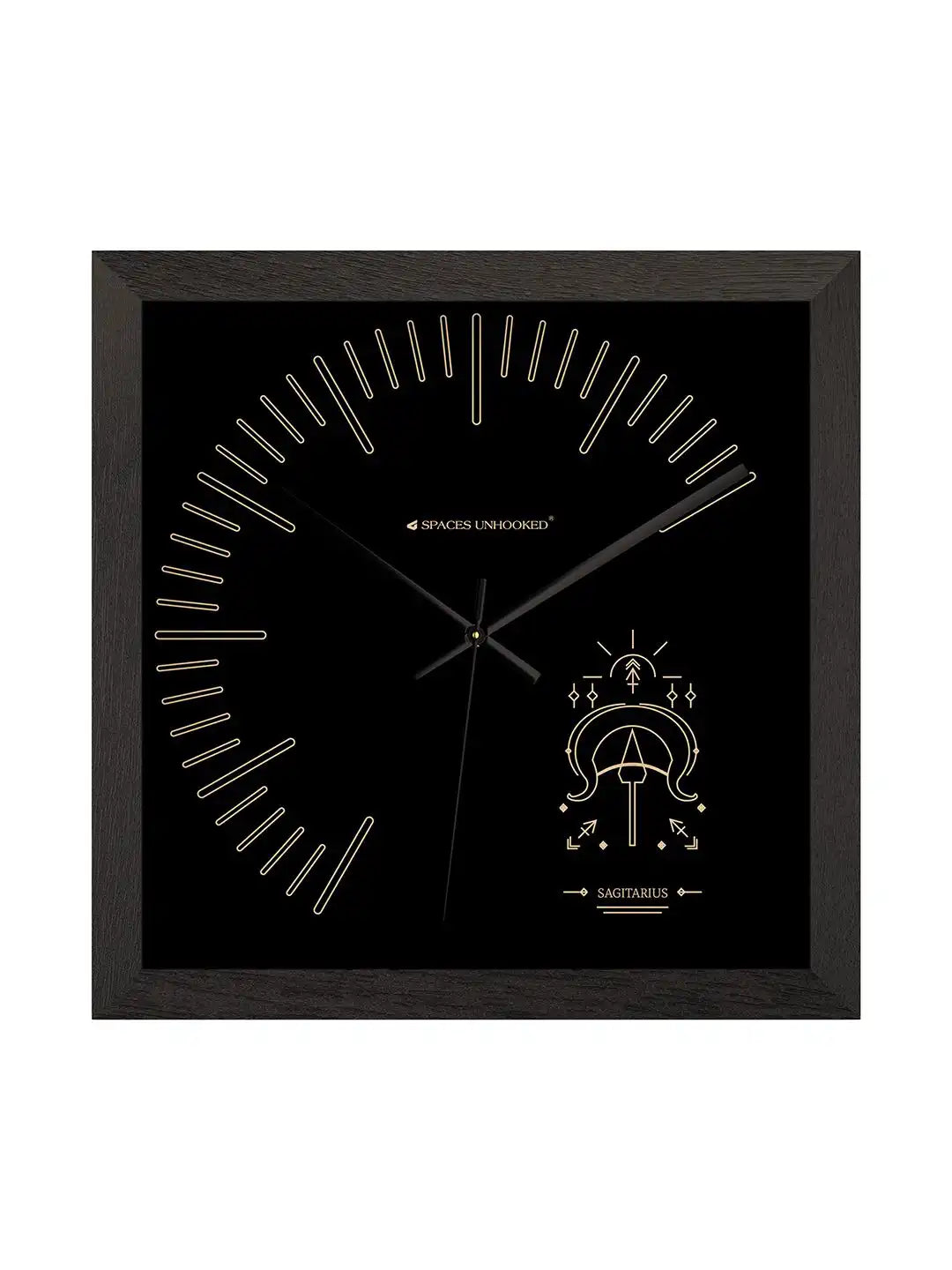 Sagittarius Zodiac Large Wood Wall Clock – Front View Dark Walnut Frame Black Dial | Spaces Unhooked
