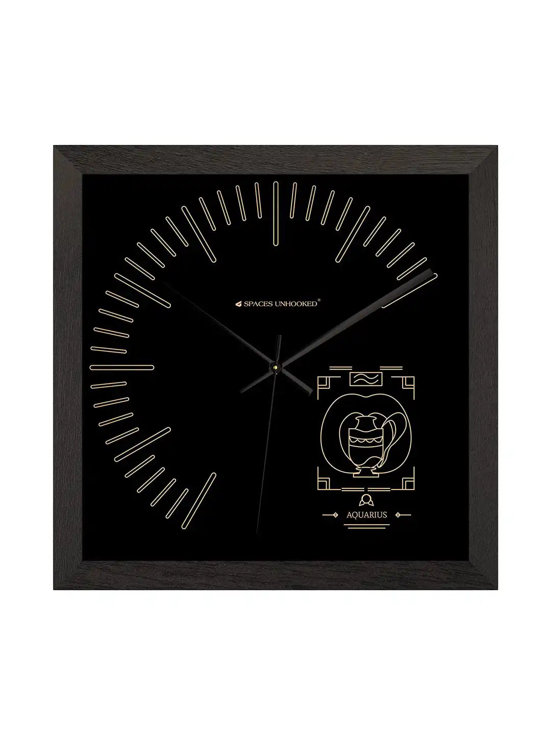 Side view of Aquarius zodiac wooden wall clock showcasing premium black wood frame, deep profile and modern wall clock craftsmanship