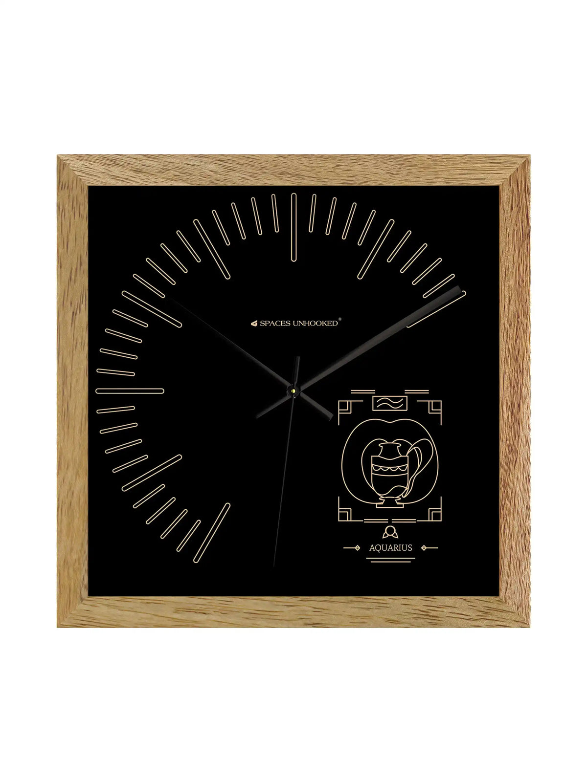Aquarius Zodiac Wooden Clock Styled on Tabletop with Decorative Accents and Indoor Plants