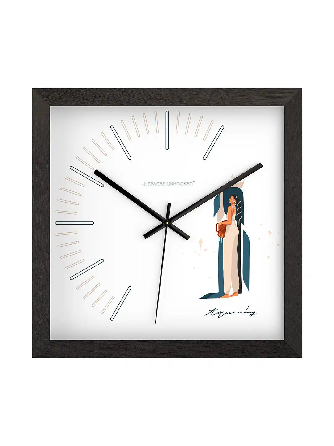 Close-up of Aquarius zodiac wall clock showcasing black wooden frame, sleek metal hands, and minimalist hour markers.