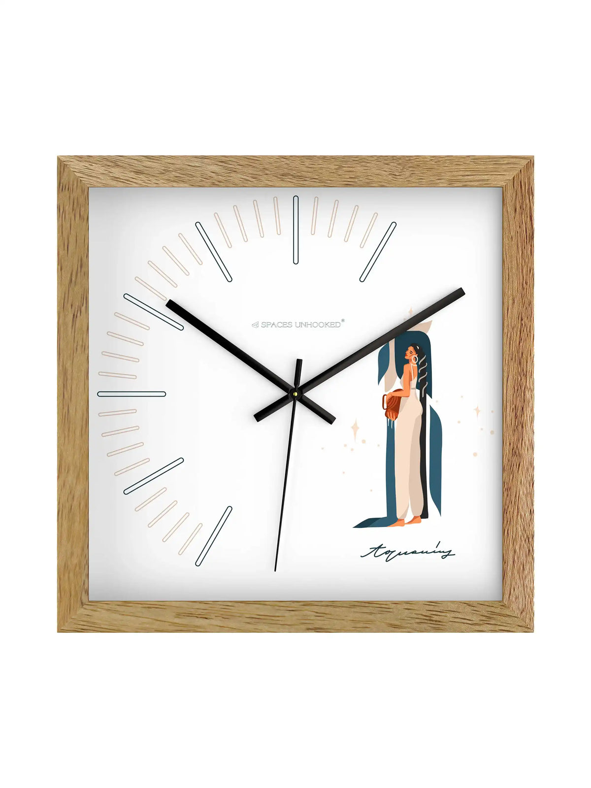 Aquarius Zodiac Wooden Clock Styled on Tabletop with Crystal Decor, Geometric Accents and Greenery